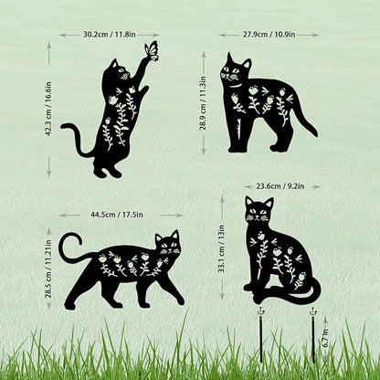 Black Cat Metal Garden Stakes Set of 4 - Weather-Resistant Silhouette Yard Decor for Lawns, Patios, Flower Beds, and Cat Lovers