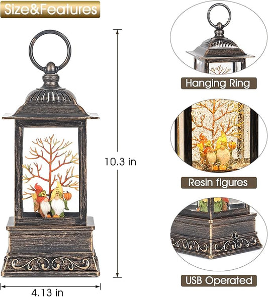 USB-powered hanging snow globe lantern with gnome and resin animal figures, dark metal frame.