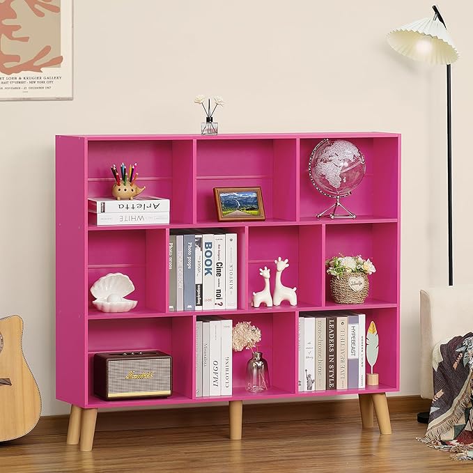Hot Pink 10-Cube Bookcase with Wood Legs - 3-Tier Mid-Century Wide Freestanding Display Shelf for Girls Room, Bedroom, and Bold Home Office