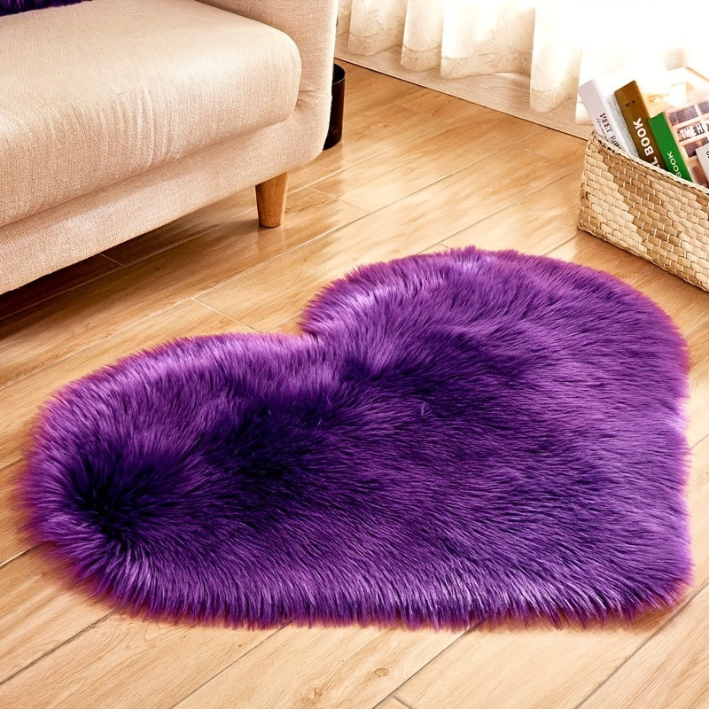 Heart-shaped faux fur rug with long shag pile, purple plush carpet mat.