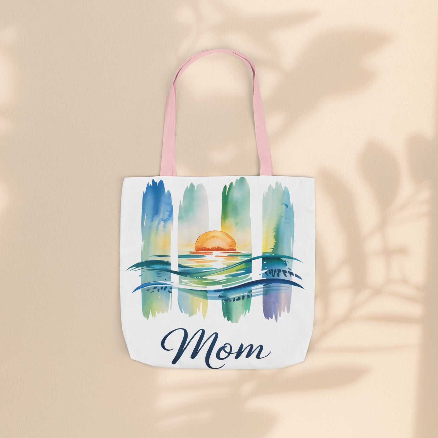 Mom Ocean Sunset Canvas Tote Bag – Watercolour Triptych Design | Polyester Canvas | 3 Sizes × 5 Strap Colours | Gift for Mom