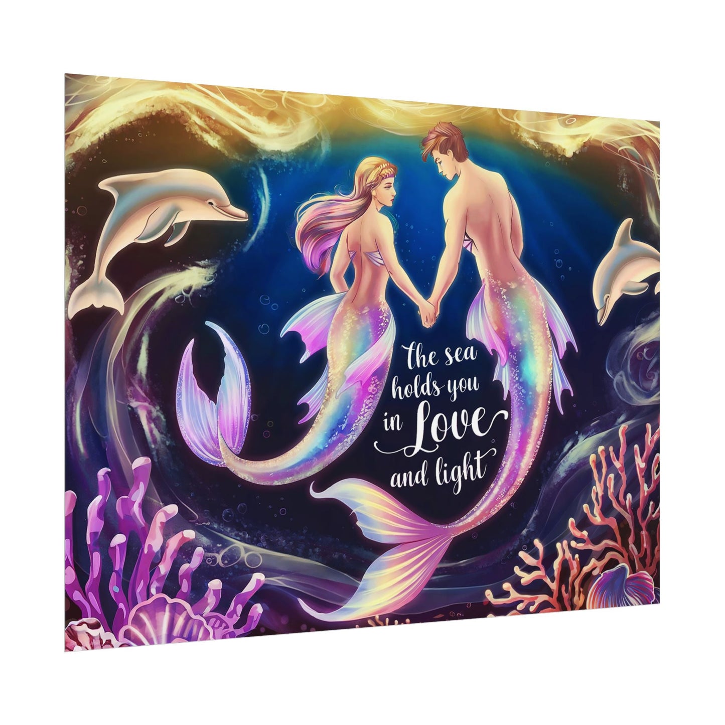 Mermaid Lovers Rolled Poster – The Sea Holds You in Love and Light | Giclée Print | Fine Art, Semi Glossy or Matte | 19 Sizes | Mermaid Couple Wall Art