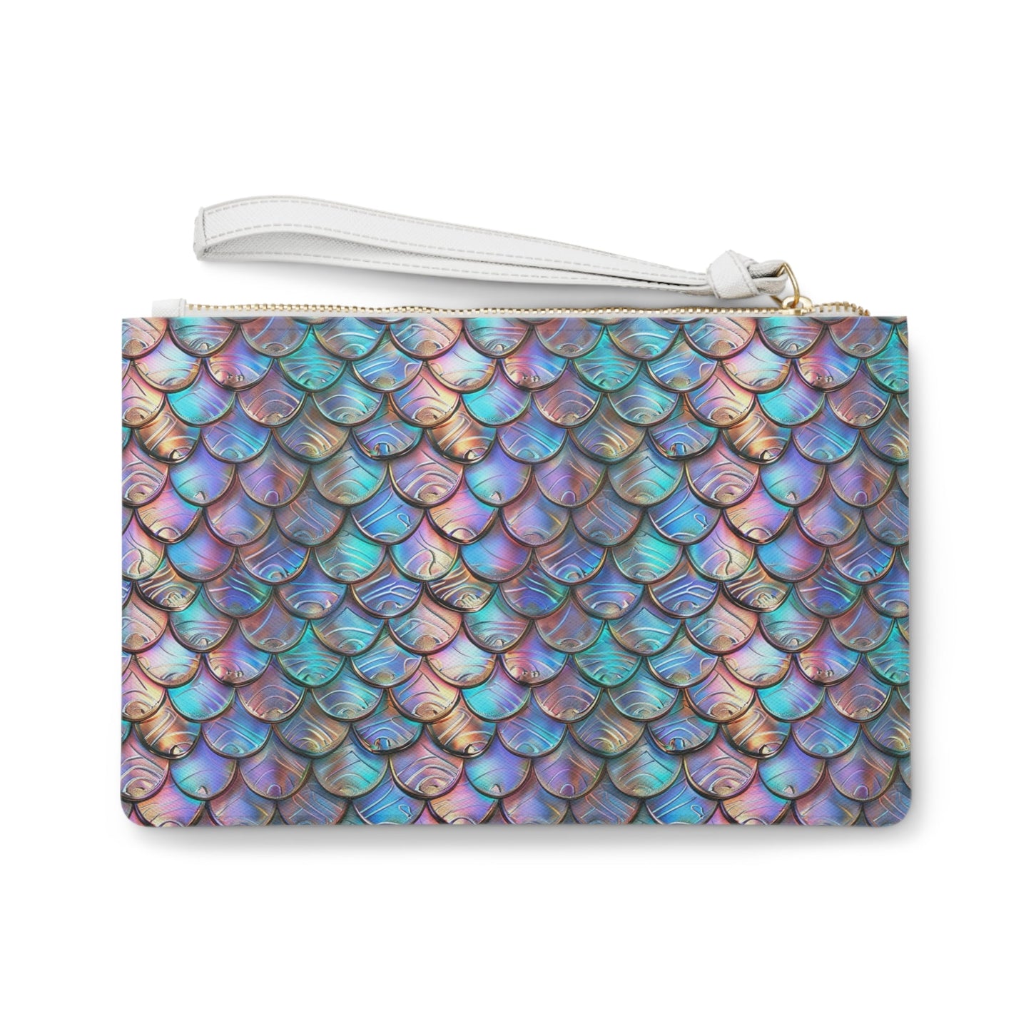 Think Happy Thoughts Clutch Bag - Holographic Mermaid Scale Wristlet with Retro Groovy Typography in Saffiano PU Leather, Mermaid Core Positivity Gift