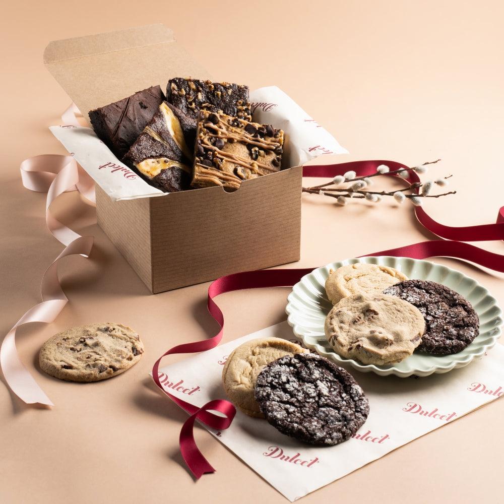 Festive Cookie and Brownie Gift Box with assorted cookies and brownies, open cardboard tray