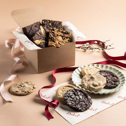 Festive Cookie and Brownie Gift Box with assorted cookies and brownies, open cardboard tray