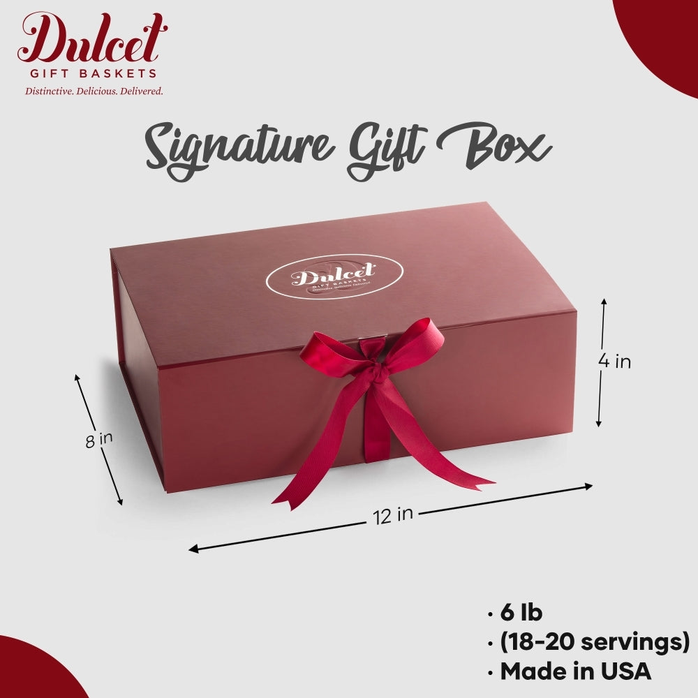 Burgundy Dulcet signature gift box with red ribbon bow and logo, size labeled
