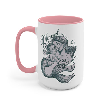 Mermaid Mama Accent Mug – Mother & Baby Mermaid Illustration | Pink Accent | 11oz & 15oz | Mermaid Mom Gift