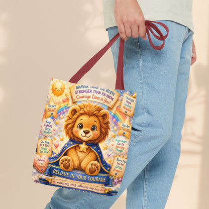 Believe in Your Courage Lion Tote Bag - Cute Leo Lion Kids Encouragement Gift for School, Hospital Visits, and Everyday Adventures