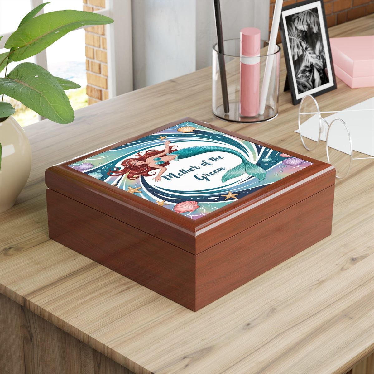Mermaid Mother of the Groom Jewelry Box – Illustrated Mermaid Keepsake Box | Rubberwood | Ebony Black, Golden Oak or Red Mahogany | Beach Wedding Gift