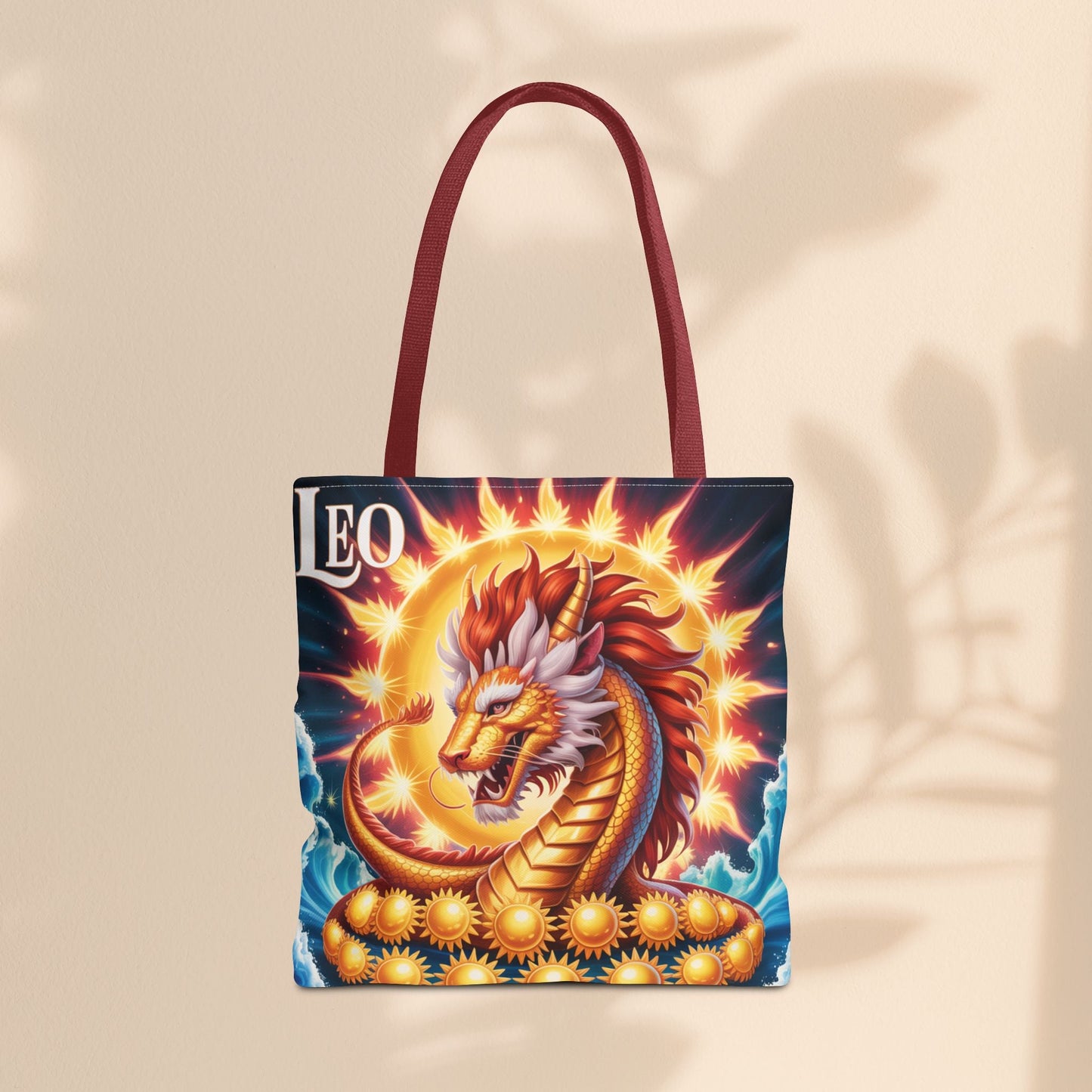 Leo Zodiac Tote Bag – Golden Dragon Sun Celestial Art | 3 Sizes | 5 Handle Colours | Leo Birthday Gift & Astrology Bag