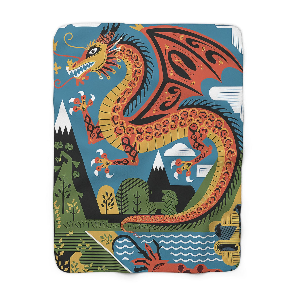 Mexican Dragon Sherpa Fleece Blanket - Folk Art Dragon Throw for Dragon Lovers, 50x60 and 60x80 Plush Sherpa Gift