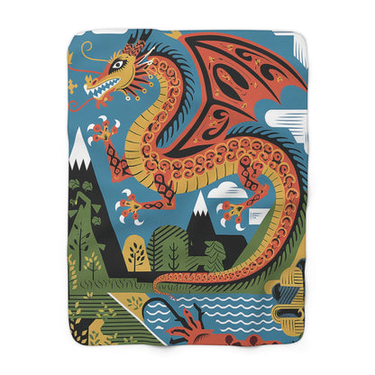 Mexican Dragon Sherpa Fleece Blanket - Folk Art Dragon Throw for Dragon Lovers, 50x60 and 60x80 Plush Sherpa Gift