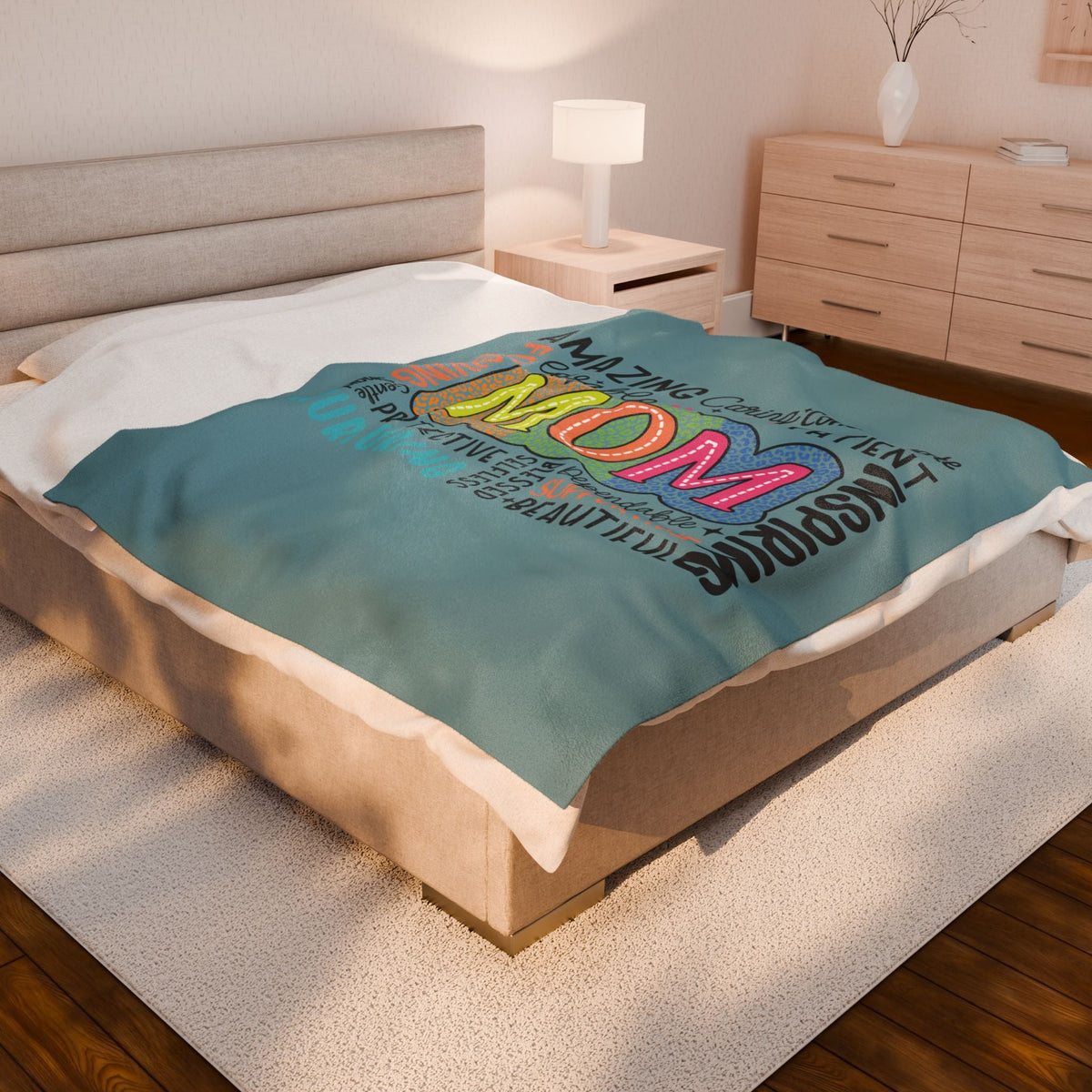 Mom Word Cloud Velveteen Plush Blanket – Amazing, Caring, Inspiring & More | Teal | Super Soft Throw | 3 Sizes | Mother’s Day Gift for Mum