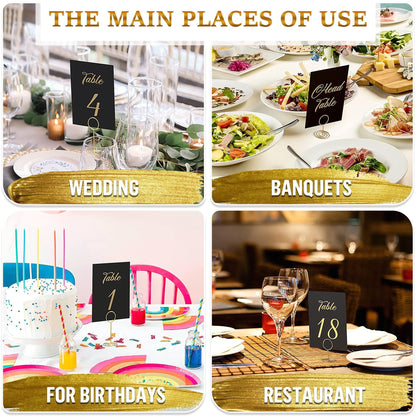Four black table cards with gold foil numbers 4, 1, 18, and “Head Table”