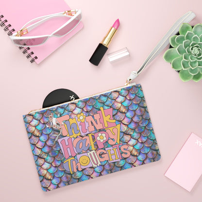 Think Happy Thoughts Clutch Bag - Holographic Mermaid Scale Wristlet with Retro Groovy Typography in Saffiano PU Leather, Mermaid Core Positivity Gift