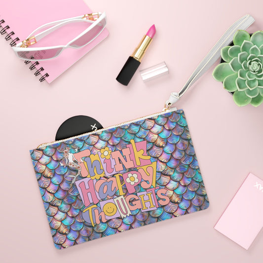Think Happy Thoughts Clutch Bag - Holographic Mermaid Scale Wristlet with Retro Groovy Typography in Saffiano PU Leather, Mermaid Core Positivity Gift