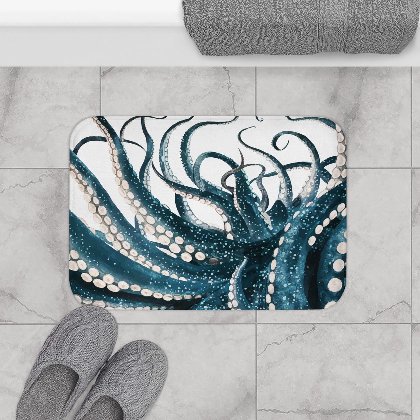 Octopus Tentacle Bath Mat – Dramatic Teal & White Close-Up Macro Art | Memory Foam Anti-Slip | 24” × 17” | Dark Coastal Gothic Ocean Bathroom Decor