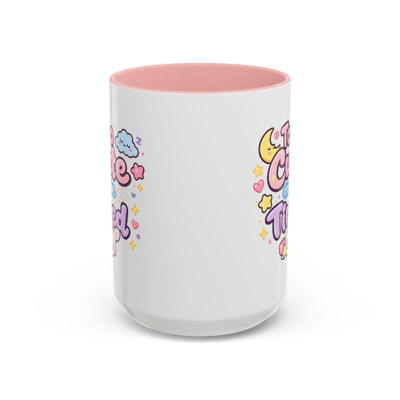 Kawaii bunny mug with pink rim and handle, back side view with partial cute icons