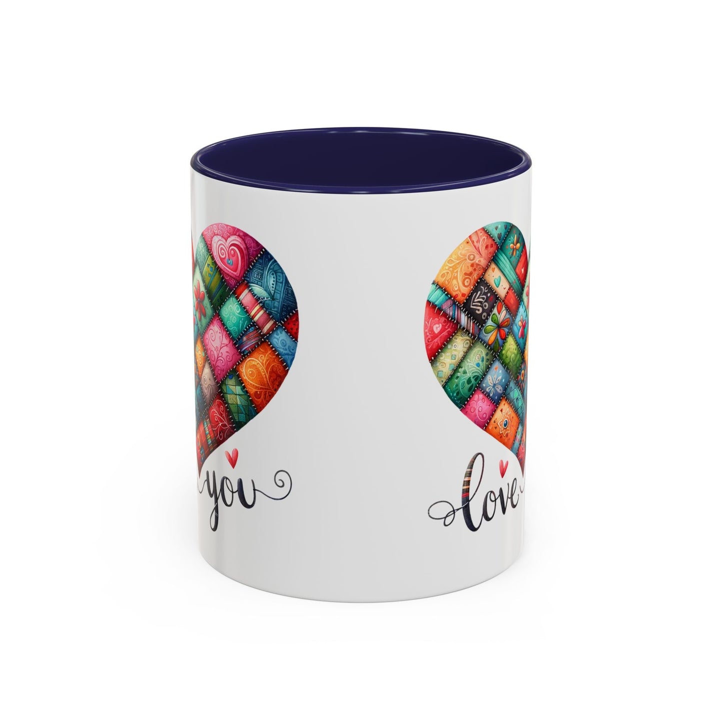 White coffee mug with colorful quilt heart print, you and love text, navy rim.
