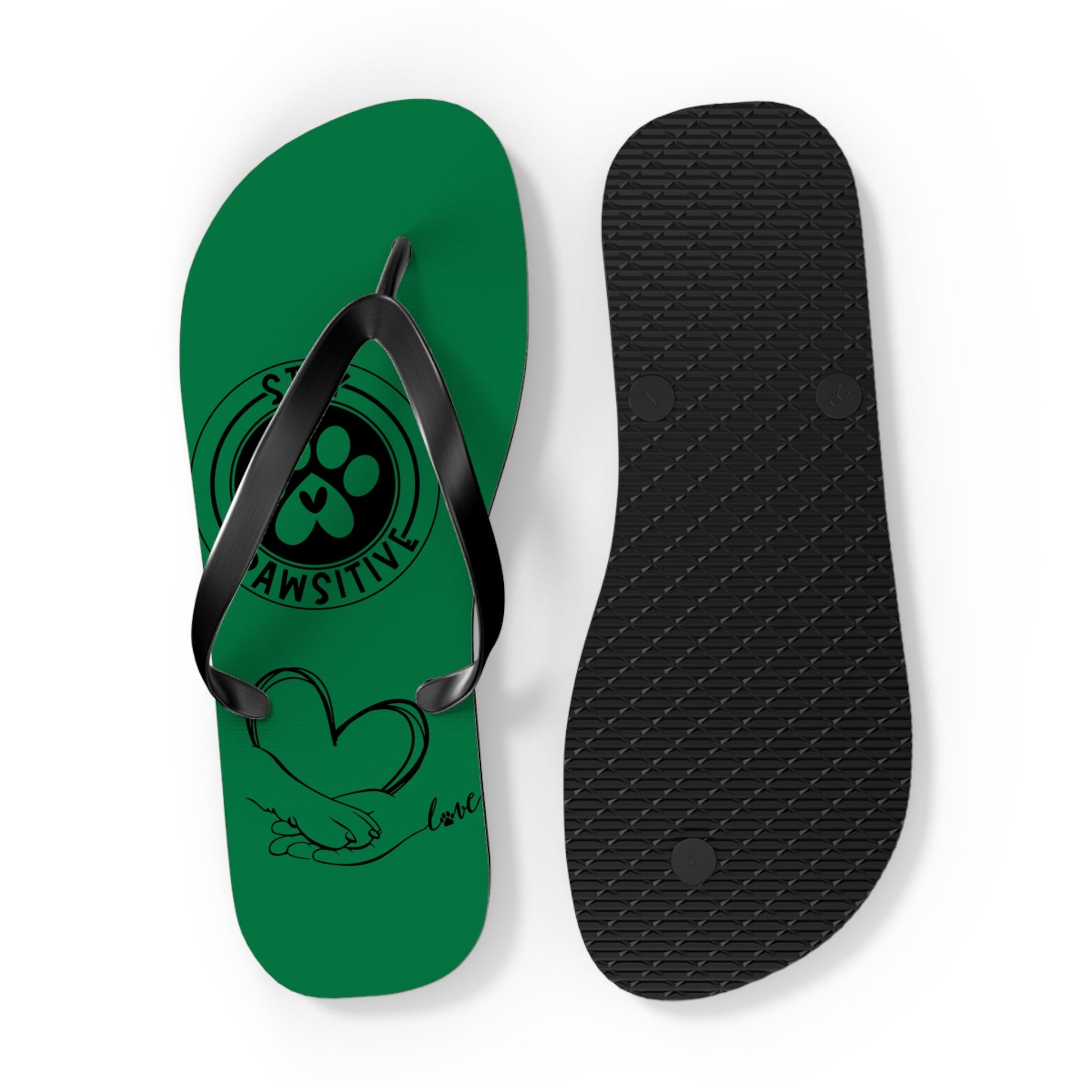 Green flip-flops with paw-print footbeds and black textured outsole