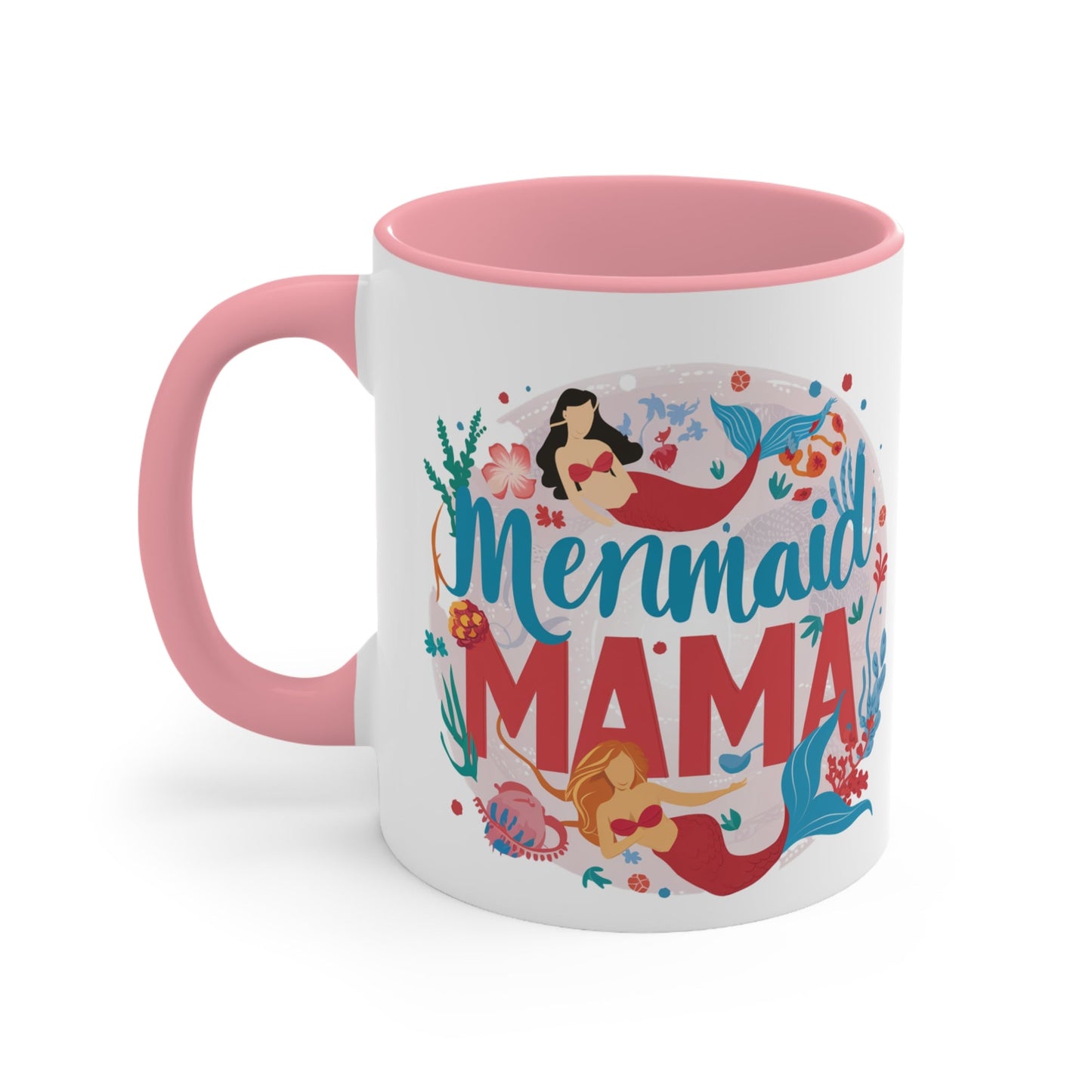 Mermaid Mama Mug – Mother & Daughter Mermaid Illustration | 11oz White Ceramic with Coloured Interior | Pink, Red or Black | Ocean Mum Coffee Tea Gift