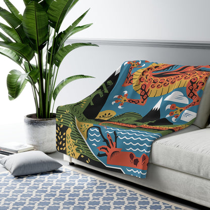 Mexican Dragon Sherpa Fleece Blanket - Folk Art Dragon Throw for Dragon Lovers, 50x60 and 60x80 Plush Sherpa Gift