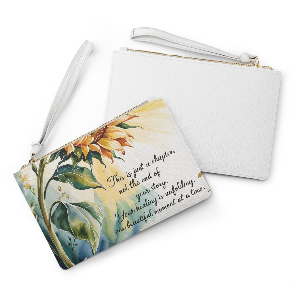 Sunflower Inspirational Clutch Bag - Healing Quote Wristlet in Saffiano PU Leather, Positive Sunflower Gift for Her, Encouragement Purse