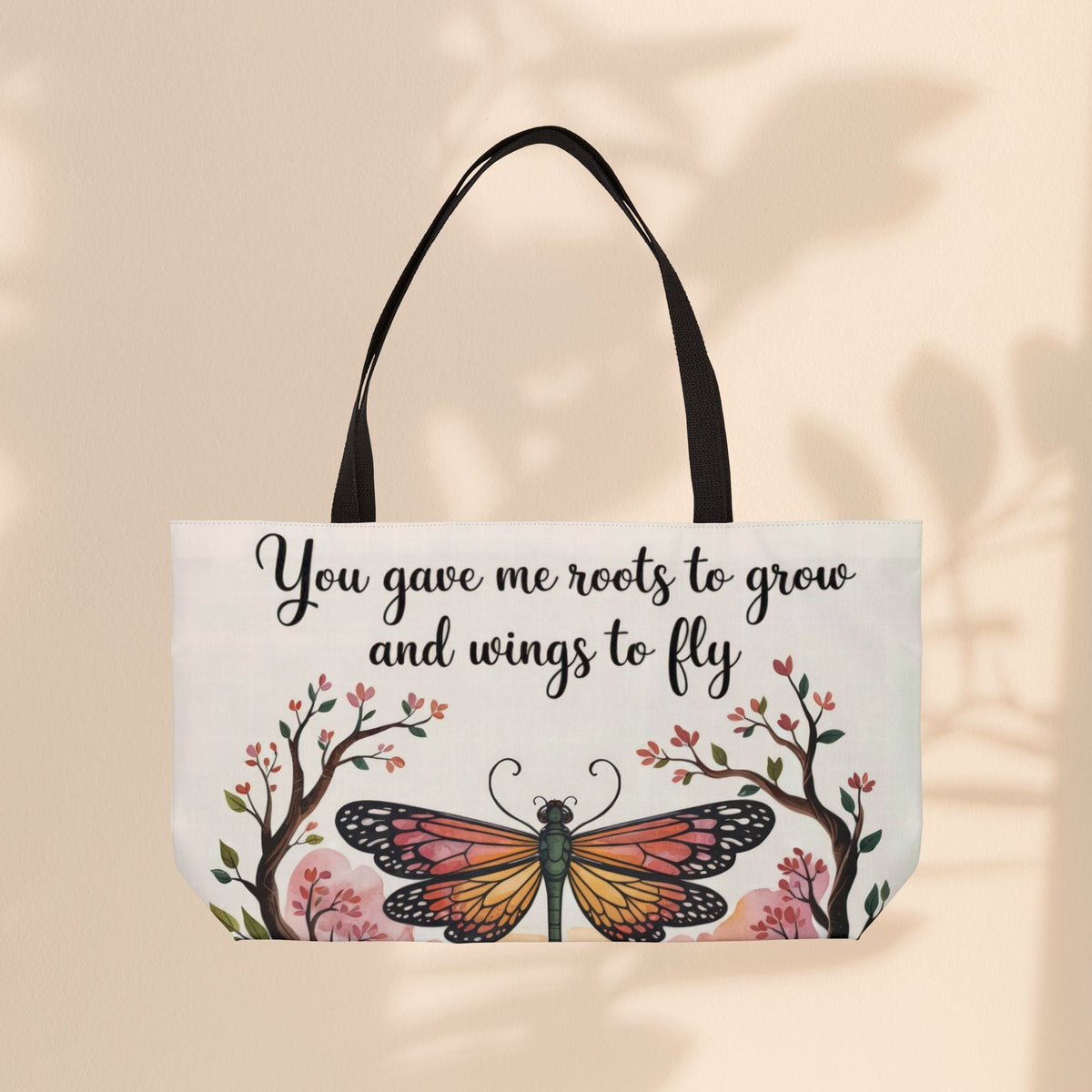 You Gave Me Roots to Grow and Wings to Fly Weekender Tote Bag – Monarch Butterfly & Cherry Blossom Design | 24” × 13” | All-Over Print | Gift for Mom