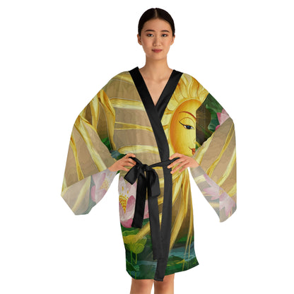 Lotus Sun Kimono Robe - Long Sleeve Lotus Flower Wrap with Golden Sun Design for Lounging, Spa Days, and Resort Wear XS to 2XL