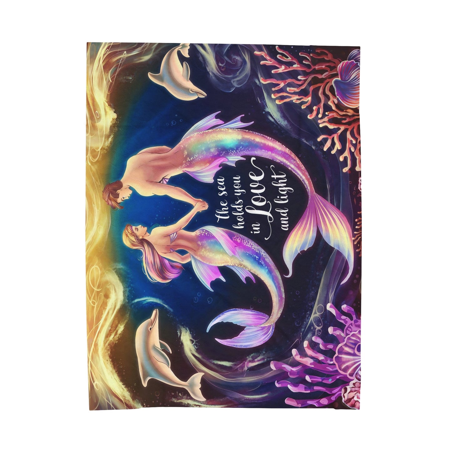 Mermaid Love Velveteen Plush Blanket – Romantic Mermaid Couple with Dolphins ‘The Sea Holds You in Love and Light’ | 3 Sizes | Ocean Fantasy Art Throw