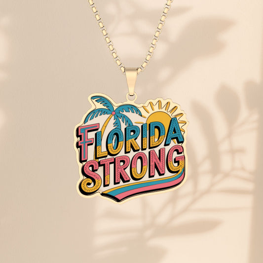 Florida Strong Necklace - Retro Florida Pride Pendant with Palm Tree and Sun, Florida Jewelry Gift in Stainless Steel, Gold, or Silver