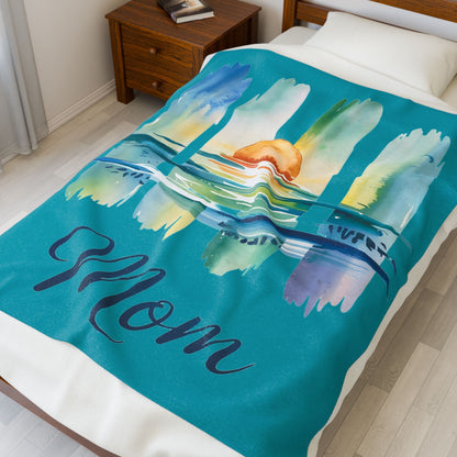 Ocean Loving Mom Velveteen Plush Blanket – Watercolour Sunset Ocean Design | Super Soft Polyester | 3 Sizes | Mother’s Day Gift for Ocean Loving Mom