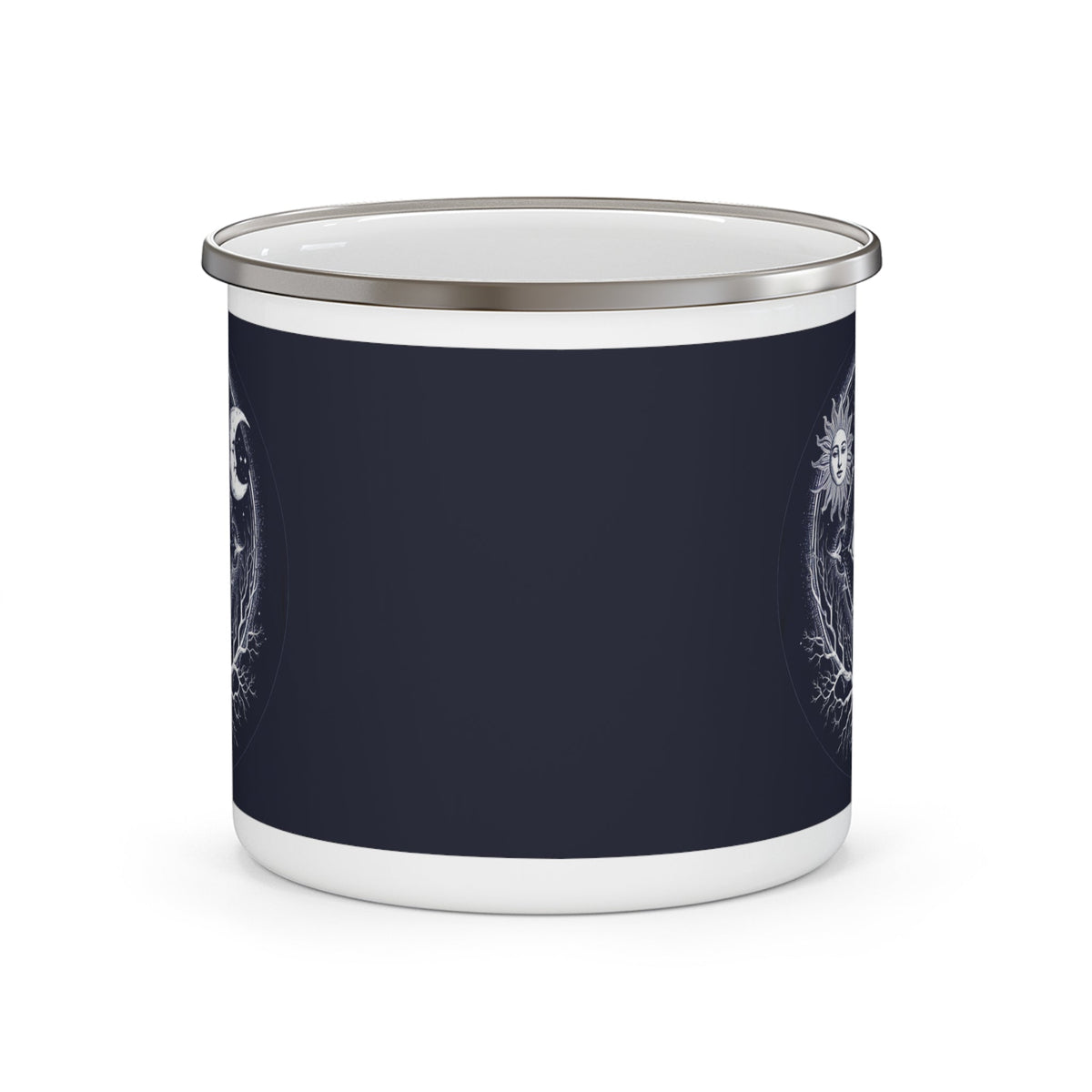 Dark navy enamel camping mug with silver lid and partial sacred eye graphic