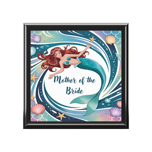 Mother of the Bride Mermaid Jewellery Box – Rubberwood Keepsake with Swirling Ocean & Shell Art | Soft Felt Interior | 3 Frame Colours | Beach Wedding Gift