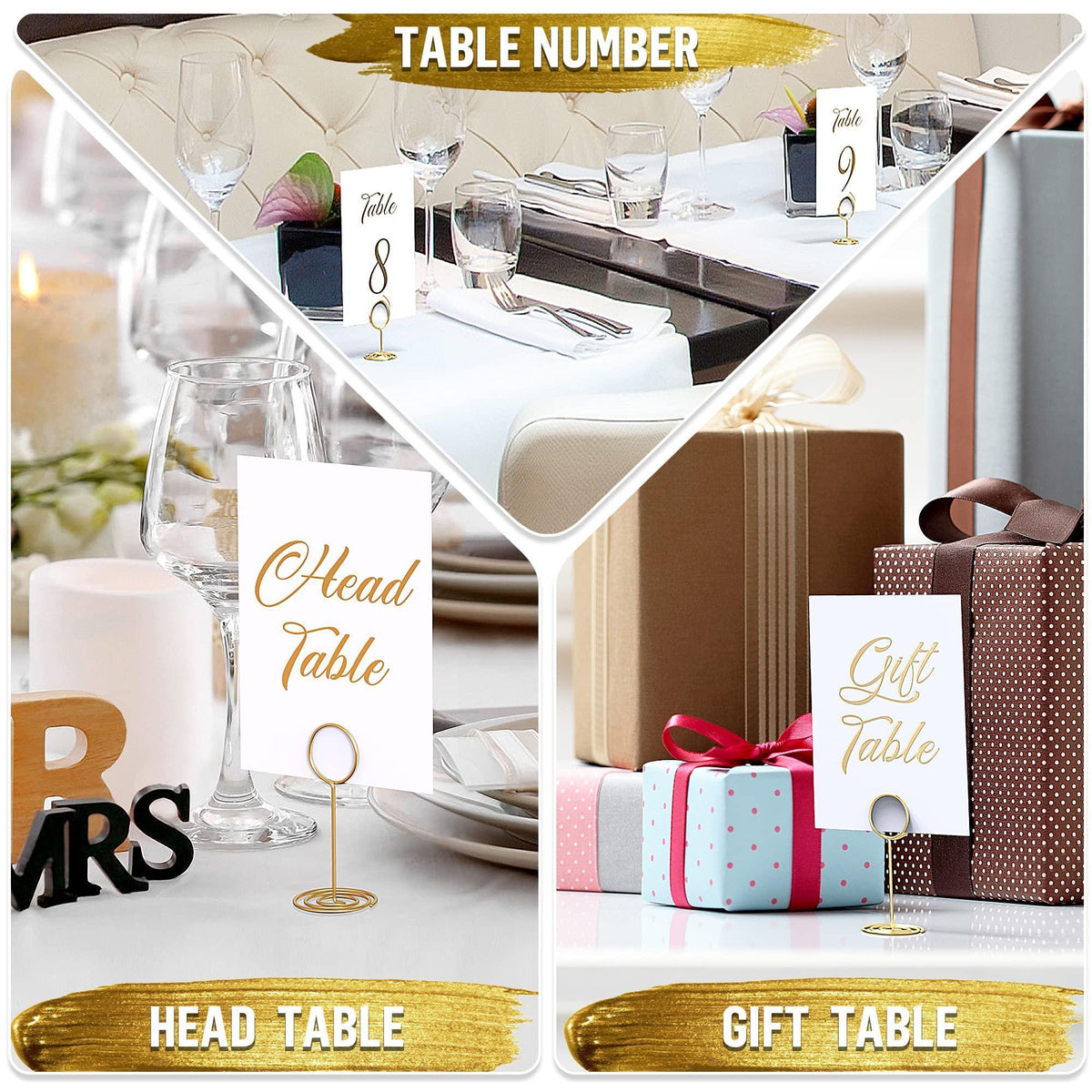Foil head table and gift table number cards with gold stand displays