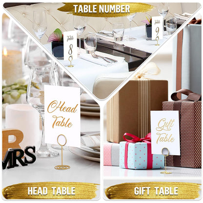 Foil head table and gift table number cards with gold stand displays