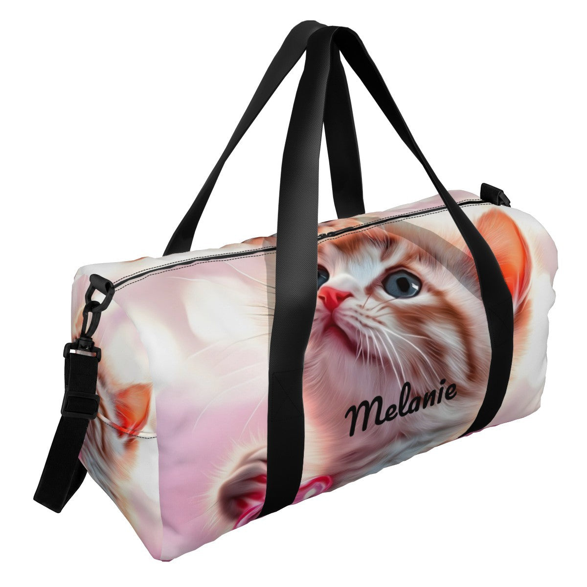 Black-strap cat print duffel bag with zipper and 'Melanie' name on side