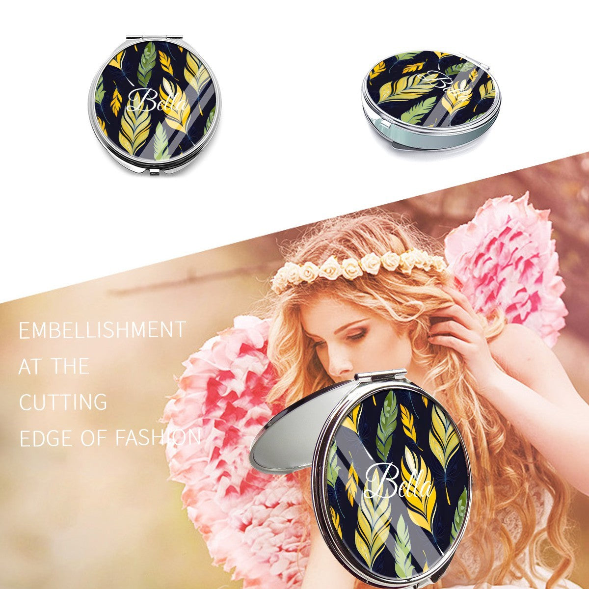 Feather-patterned silver compact mirror shown from several angles