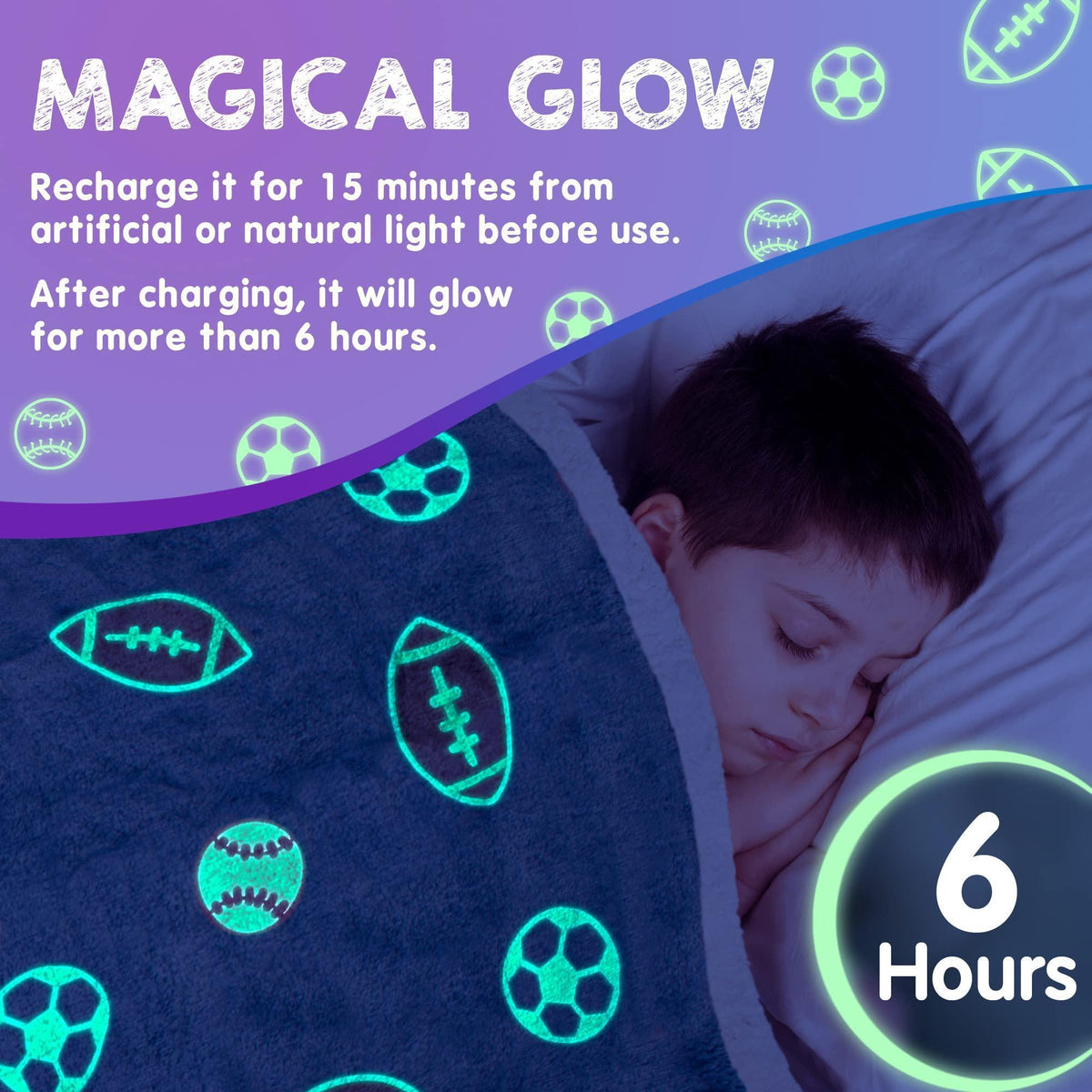 Dark-blue sports blanket with glowing green football and soccer ball icons