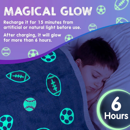 Dark-blue sports blanket with glowing green football and soccer ball icons