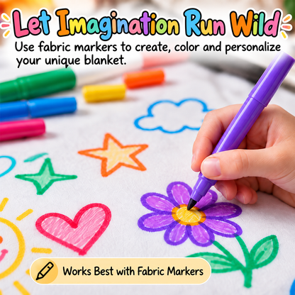 Personalized afternoon tea coloring blanket with marker-drawn flower and star details on white fabric