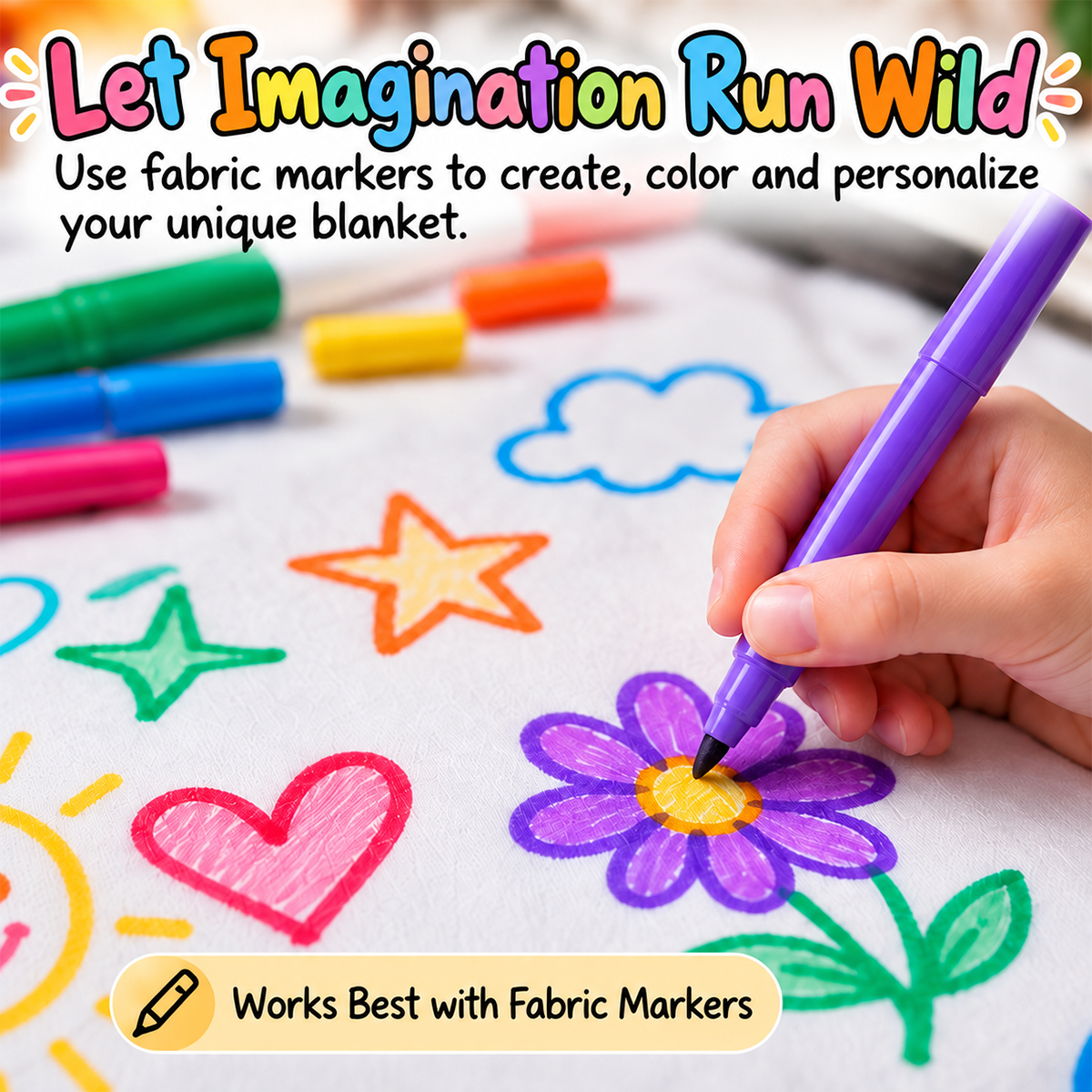 Fabric marker coloring on a white blanket canvas, with outlined flower and star designs