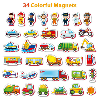 34 colorful foam magnets with vehicle, police, and profession character shapes