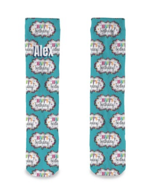 Pair of teal birthday socks with repeating cake and Happy Birthday medallion design
