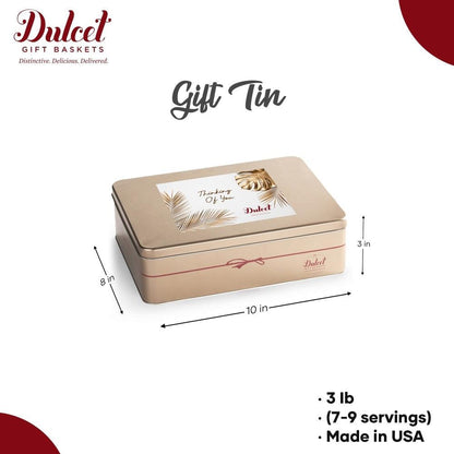 Gift tin label with size details: 10 in x 8 in x 3 in, 3 lb (7–9 servings)