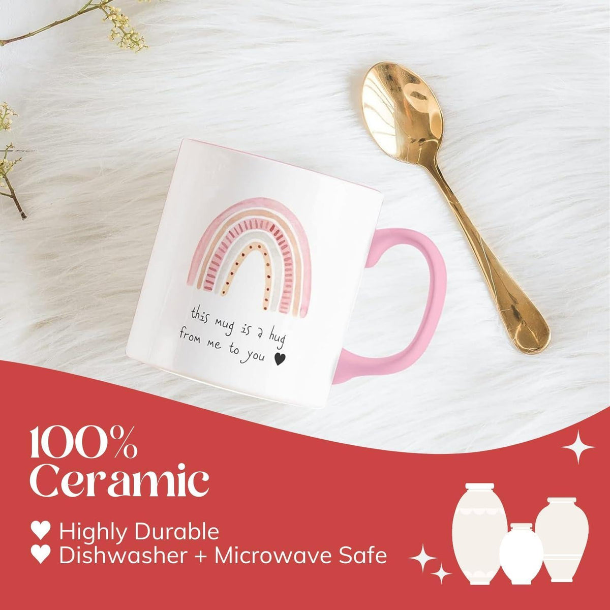 Square gift card and white ceramic mug with pink handle, rainbow hug graphic
