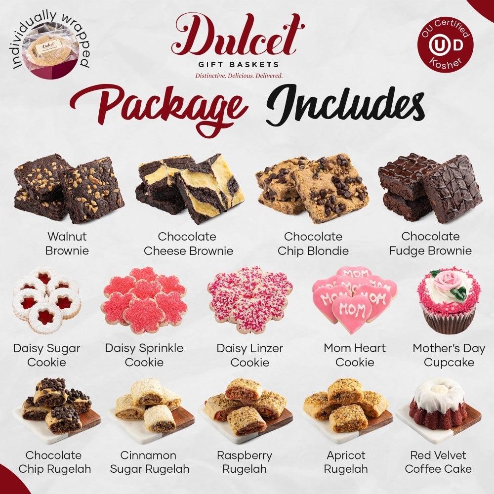 Assorted gift treats lineup: brownies, cookies, and cupcakes on a display card