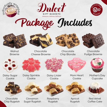 Assorted gift treats lineup: brownies, cookies, and cupcakes on a display card