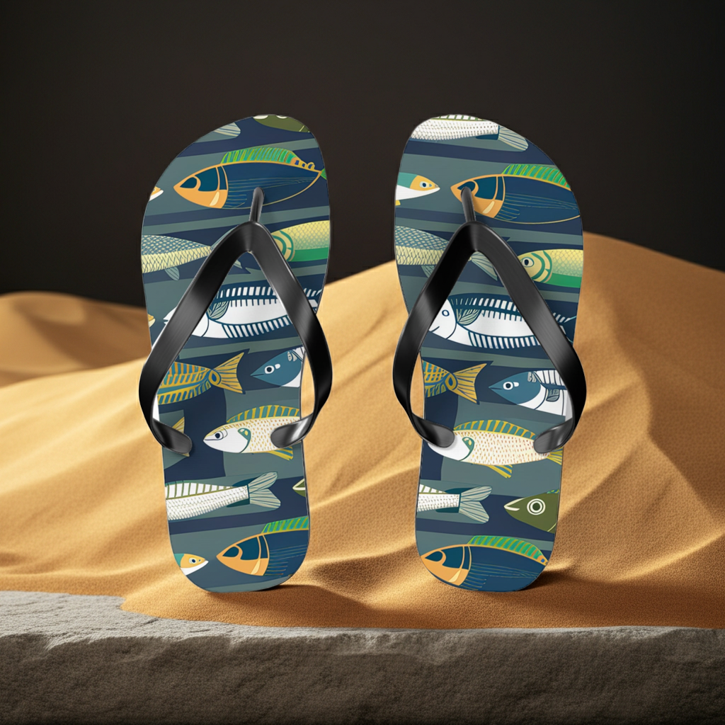 Fish-print flip-flops with black thong straps and blue-green patterned footbeds