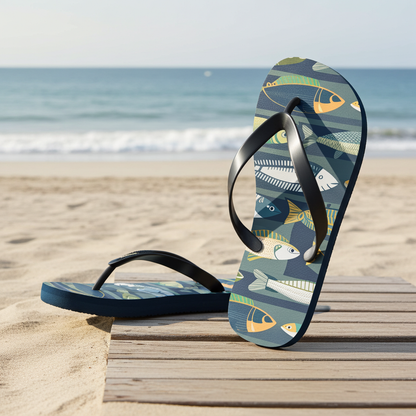 Fish-print flip-flops with black thong straps, shown from side on a beach
